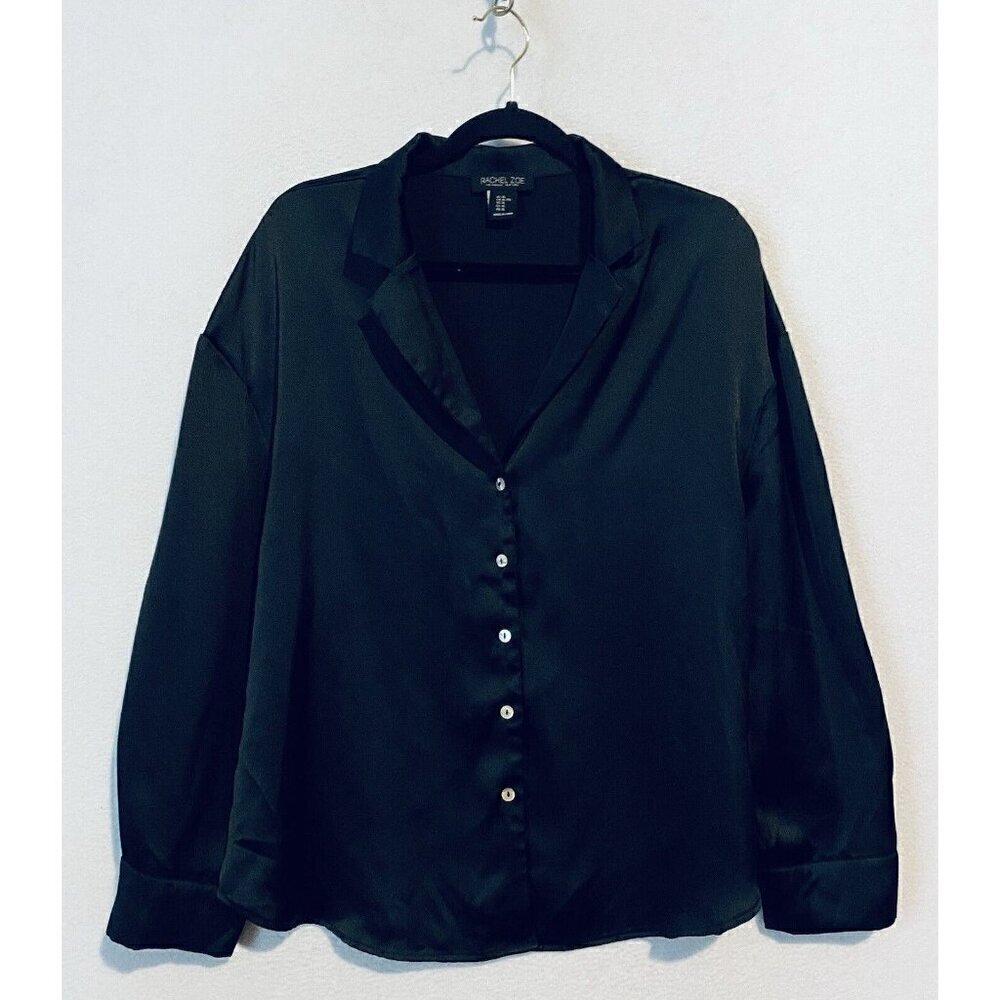 Rachel Zoe Top Womens XL Black Button Up Satin Long Sleeve Minimalist Witchy